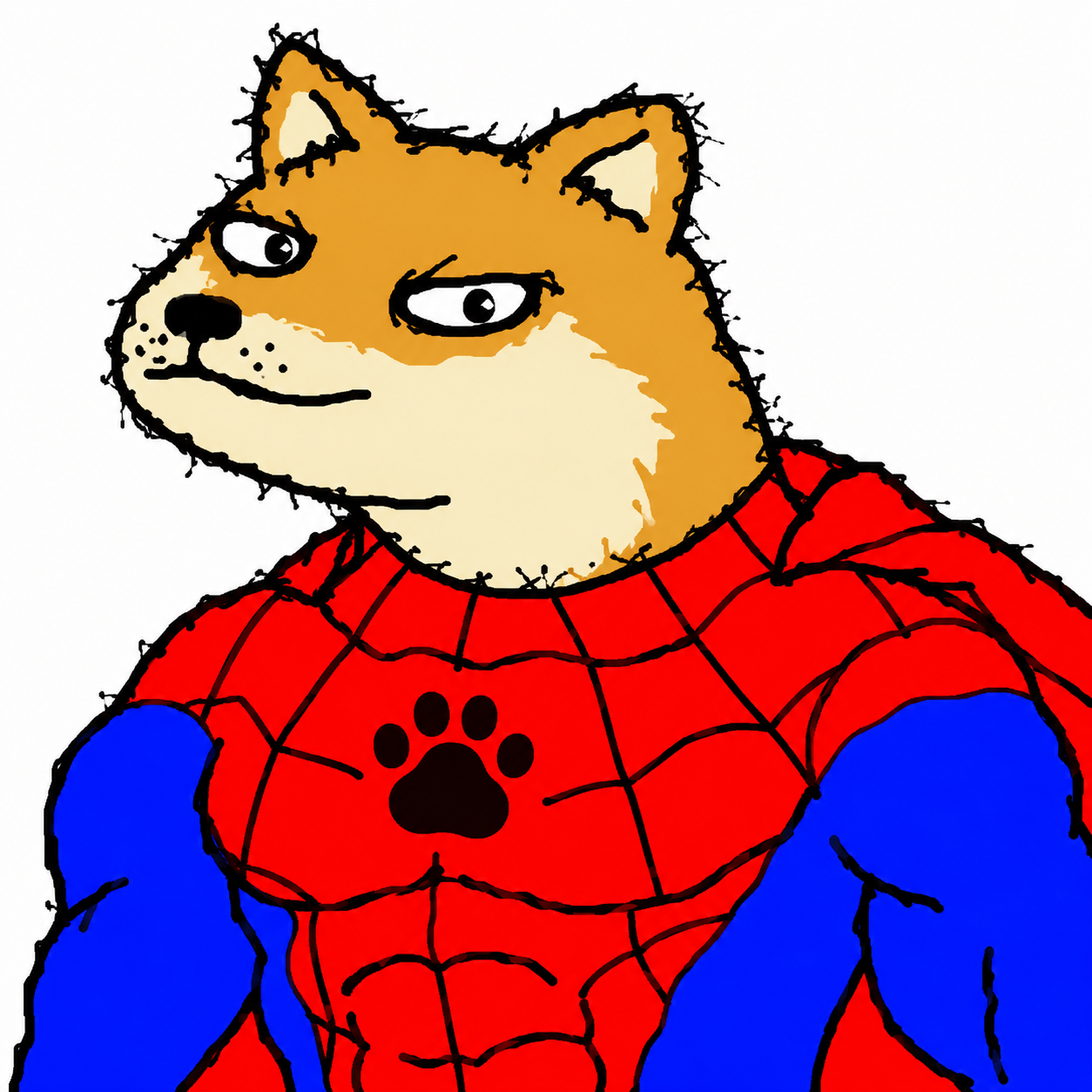 Spoder Inu, a vacant-eyed Shiba dog in a crudely drawn red and blue superhero suit